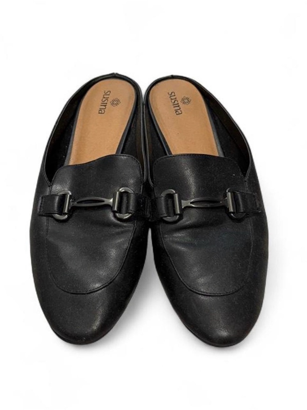 Susina Black Slip-On Leather Mules with Buckle Detail